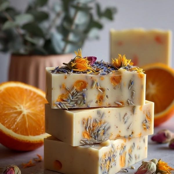 Stacked cream lavender and oat milk soap bars topped with dried lavender buds